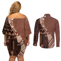 Bula Fiji Couples Matching Off Shoulder Short Dress and Long Sleeve Button Shirt Tribal Masi Tapa - Brown LT7 - Wonder Print Shop