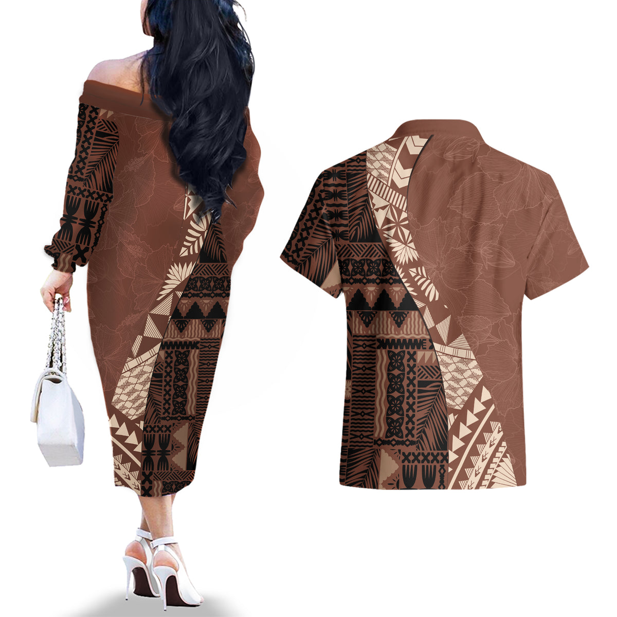 Bula Fiji Couples Matching Off The Shoulder Long Sleeve Dress and Hawaiian Shirt Tribal Masi Tapa - Brown LT7 - Wonder Print Shop
