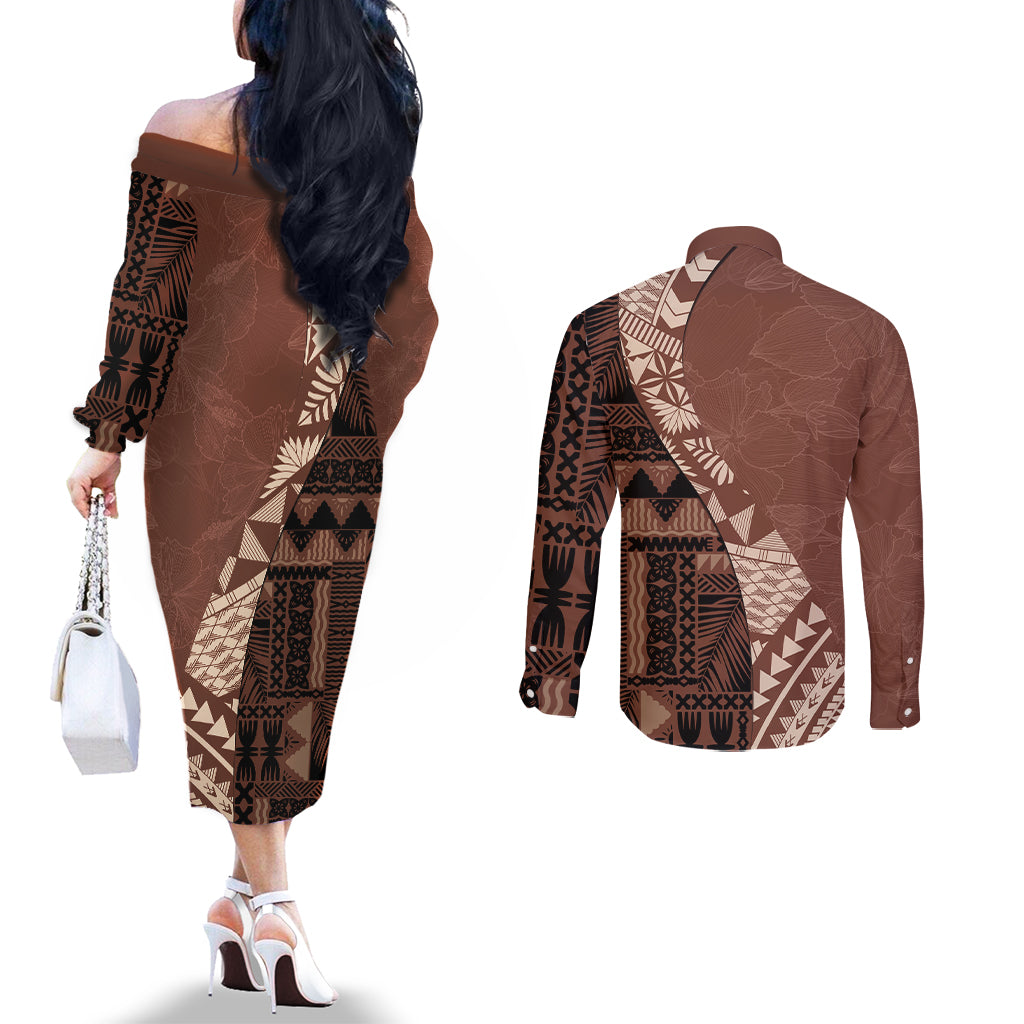 bula-fiji-couples-matching-off-the-shoulder-long-sleeve-dress-and-long-sleeve-button-shirt-tribal-masi-tapa-brown
