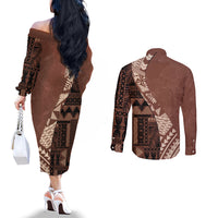 bula-fiji-couples-matching-off-the-shoulder-long-sleeve-dress-and-long-sleeve-button-shirt-tribal-masi-tapa-brown