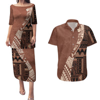 Bula Fiji Couples Matching Puletasi Dress and Hawaiian Shirt Tribal Masi Tapa - Brown LT7 - Wonder Print Shop