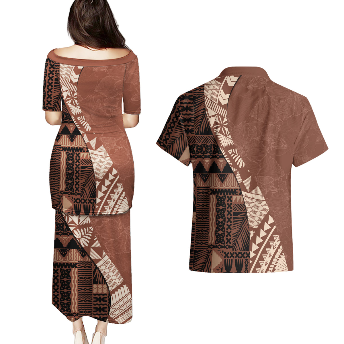 Bula Fiji Couples Matching Puletasi Dress and Hawaiian Shirt Tribal Masi Tapa - Brown LT7 - Wonder Print Shop