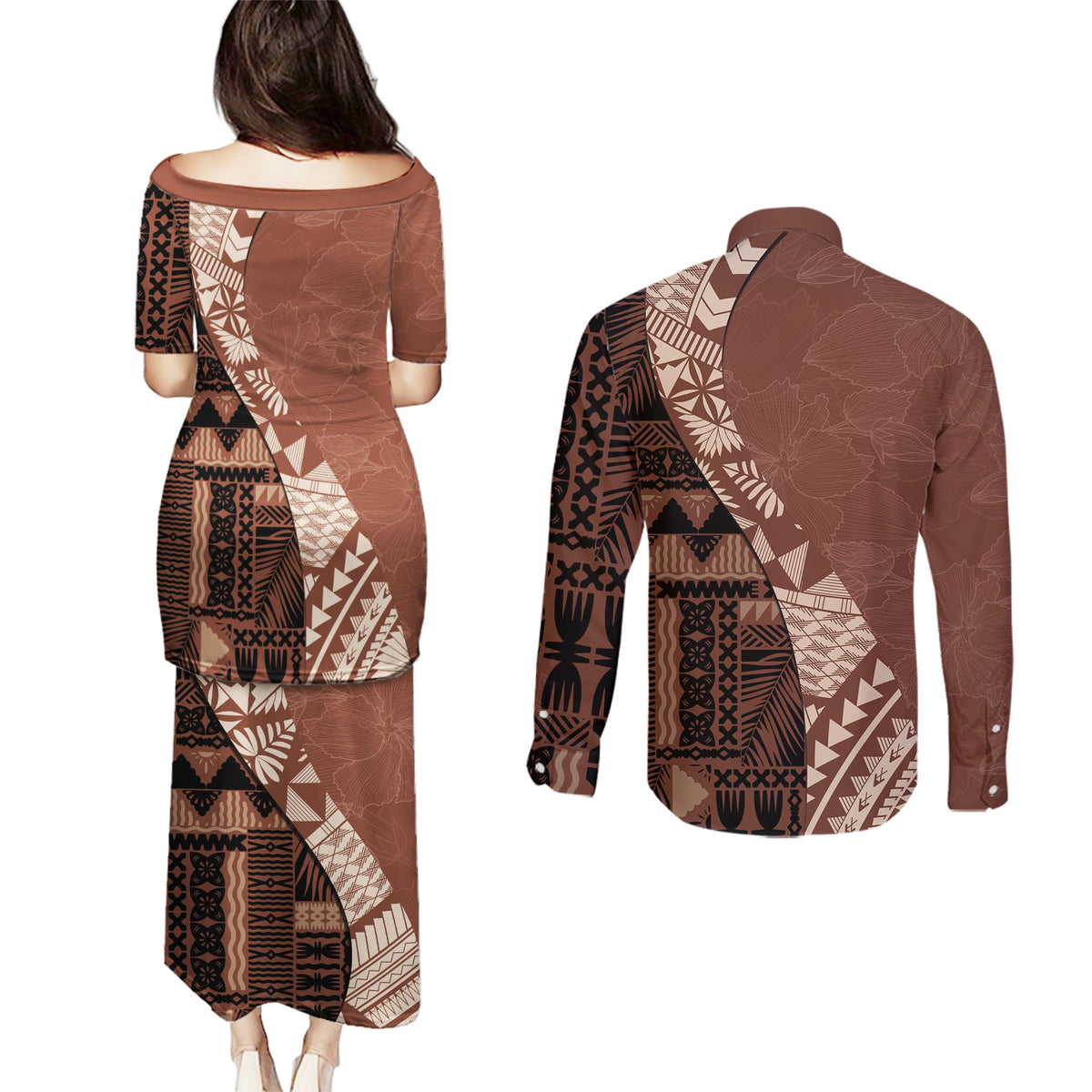 Bula Fiji Couples Matching Puletasi Dress and Long Sleeve Button Shirt Tribal Masi Tapa - Brown LT7 - Wonder Print Shop