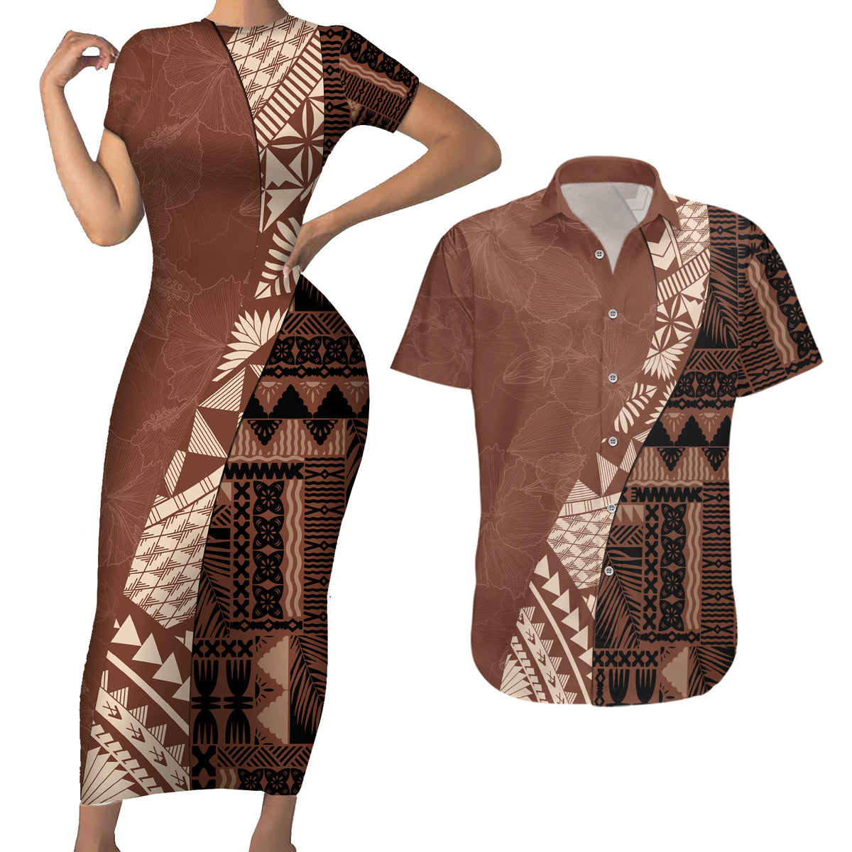 Bula Fiji Couples Matching Short Sleeve Bodycon Dress and Hawaiian Shirt Tribal Masi Tapa - Brown LT7 - Wonder Print Shop