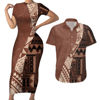 Bula Fiji Couples Matching Short Sleeve Bodycon Dress and Hawaiian Shirt Tribal Masi Tapa - Brown LT7 - Wonder Print Shop
