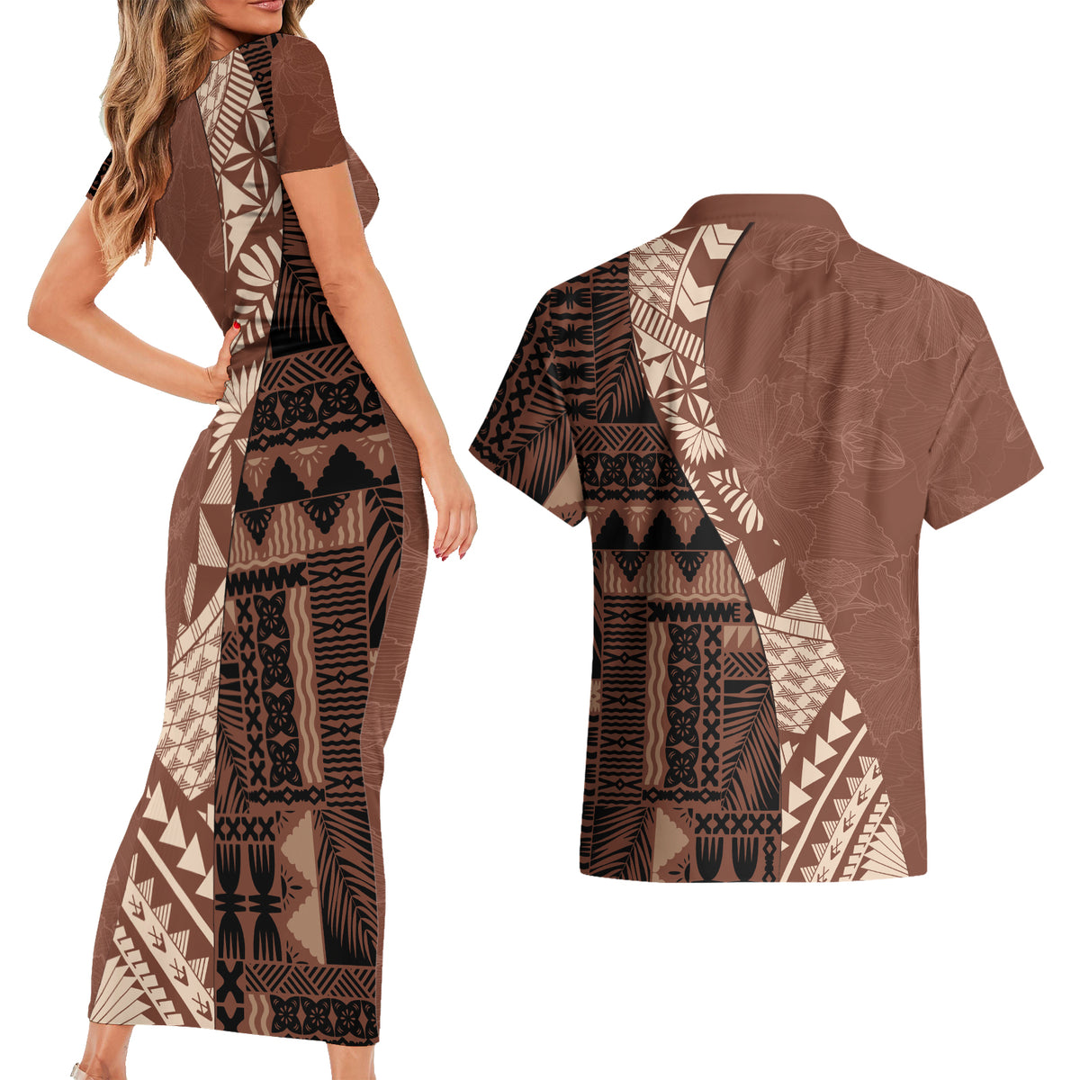 Bula Fiji Couples Matching Short Sleeve Bodycon Dress and Hawaiian Shirt Tribal Masi Tapa - Brown LT7 - Wonder Print Shop