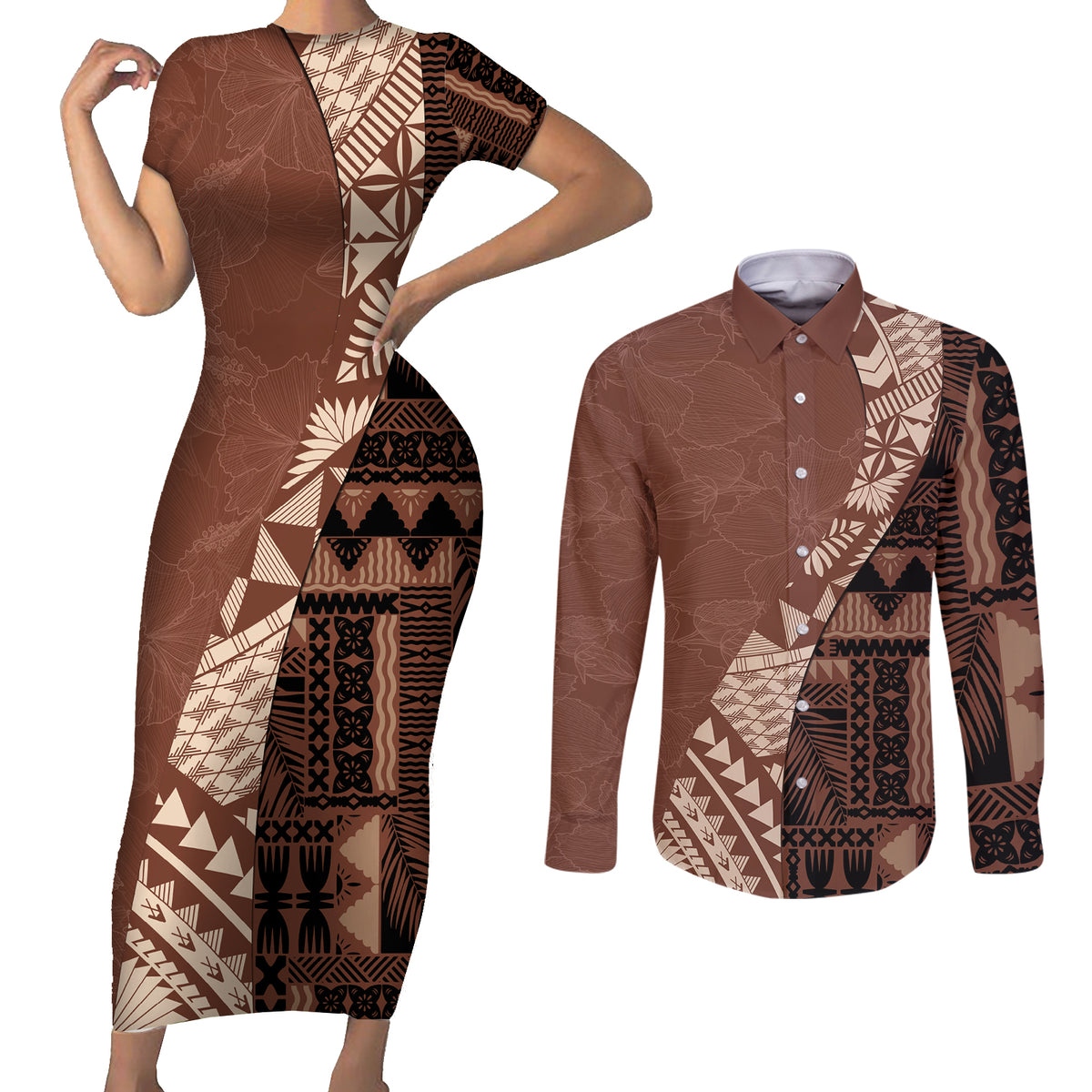 Bula Fiji Couples Matching Short Sleeve Bodycon Dress and Long Sleeve Button Shirt Tribal Masi Tapa - Brown LT7 - Wonder Print Shop