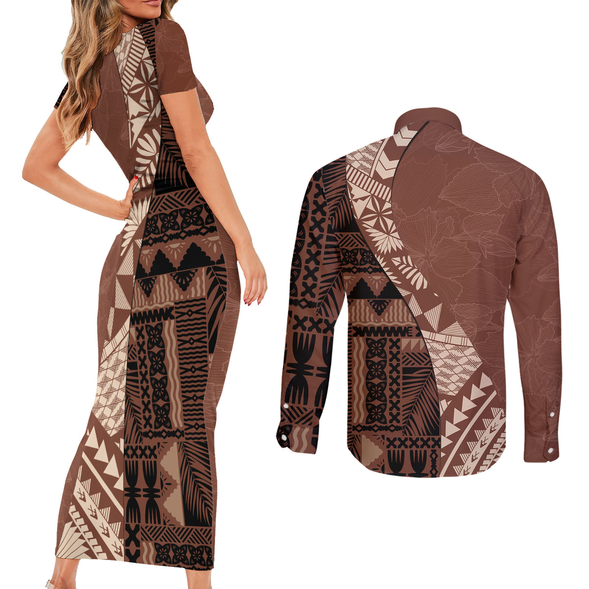 Bula Fiji Couples Matching Short Sleeve Bodycon Dress and Long Sleeve Button Shirt Tribal Masi Tapa - Brown LT7 - Wonder Print Shop