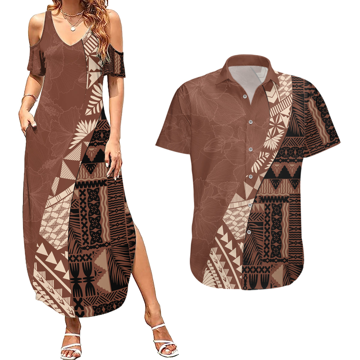 Bula Fiji Couples Matching Summer Maxi Dress and Hawaiian Shirt Tribal Masi Tapa - Brown LT7 - Wonder Print Shop