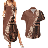 Bula Fiji Couples Matching Summer Maxi Dress and Hawaiian Shirt Tribal Masi Tapa - Brown LT7 - Wonder Print Shop