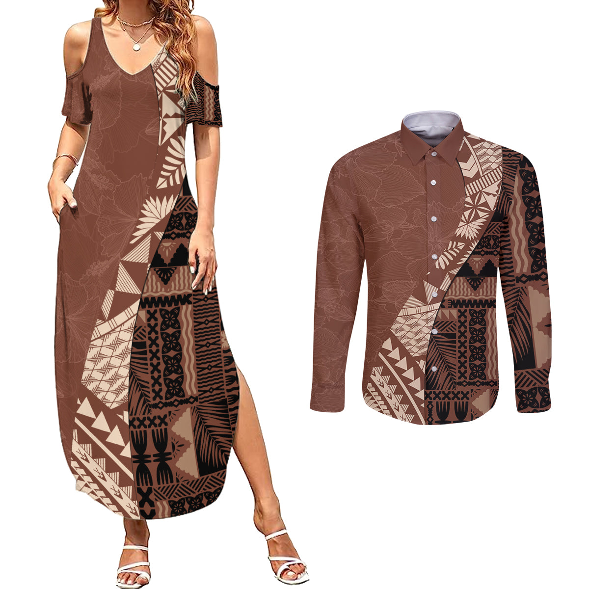 Bula Fiji Couples Matching Summer Maxi Dress and Long Sleeve Button Shirt Tribal Masi Tapa - Brown LT7 - Wonder Print Shop