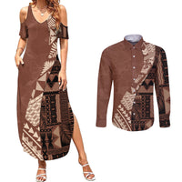 Bula Fiji Couples Matching Summer Maxi Dress and Long Sleeve Button Shirt Tribal Masi Tapa - Brown LT7 - Wonder Print Shop
