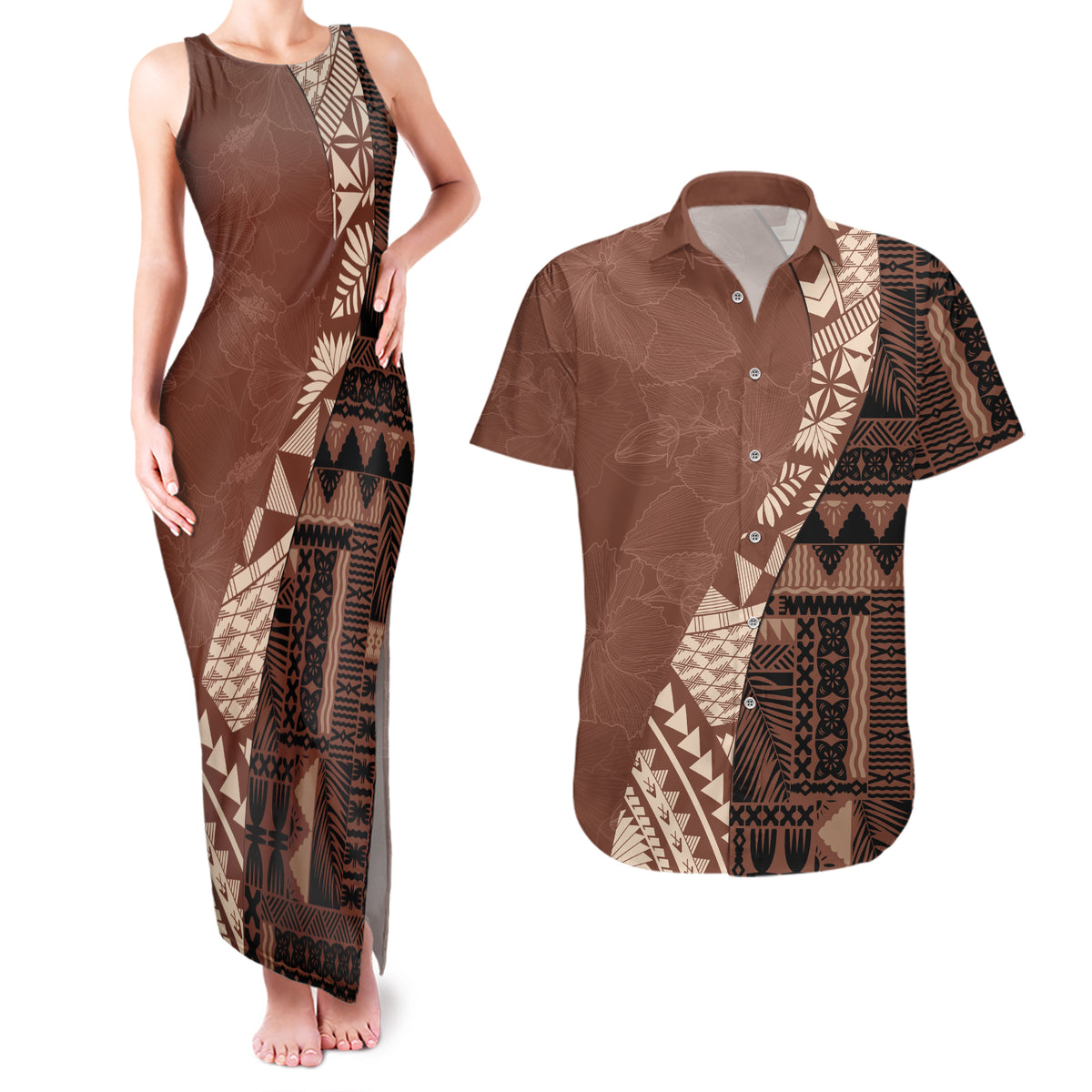 Bula Fiji Couples Matching Tank Maxi Dress and Hawaiian Shirt Tribal Masi Tapa - Brown LT7 - Wonder Print Shop