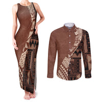 Bula Fiji Couples Matching Tank Maxi Dress and Long Sleeve Button Shirt Tribal Masi Tapa - Brown LT7 - Wonder Print Shop
