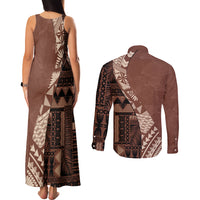 Bula Fiji Couples Matching Tank Maxi Dress and Long Sleeve Button Shirt Tribal Masi Tapa - Brown LT7 - Wonder Print Shop