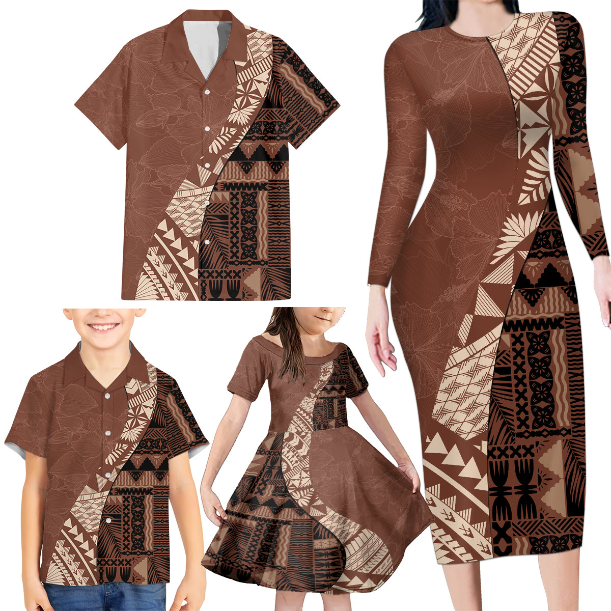 Bula Fiji Family Matching Long Sleeve Bodycon Dress and Hawaiian Shirt Tribal Masi Tapa - Brown LT7 - Wonder Print Shop
