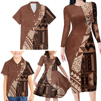 Bula Fiji Family Matching Long Sleeve Bodycon Dress and Hawaiian Shirt Tribal Masi Tapa - Brown LT7 - Wonder Print Shop