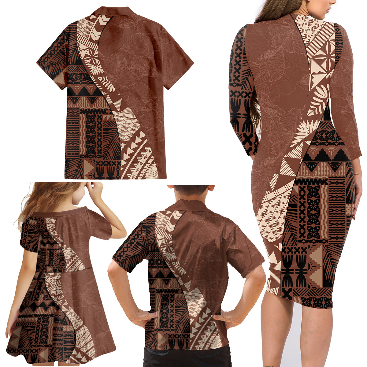 Bula Fiji Family Matching Long Sleeve Bodycon Dress and Hawaiian Shirt Tribal Masi Tapa - Brown LT7 - Wonder Print Shop