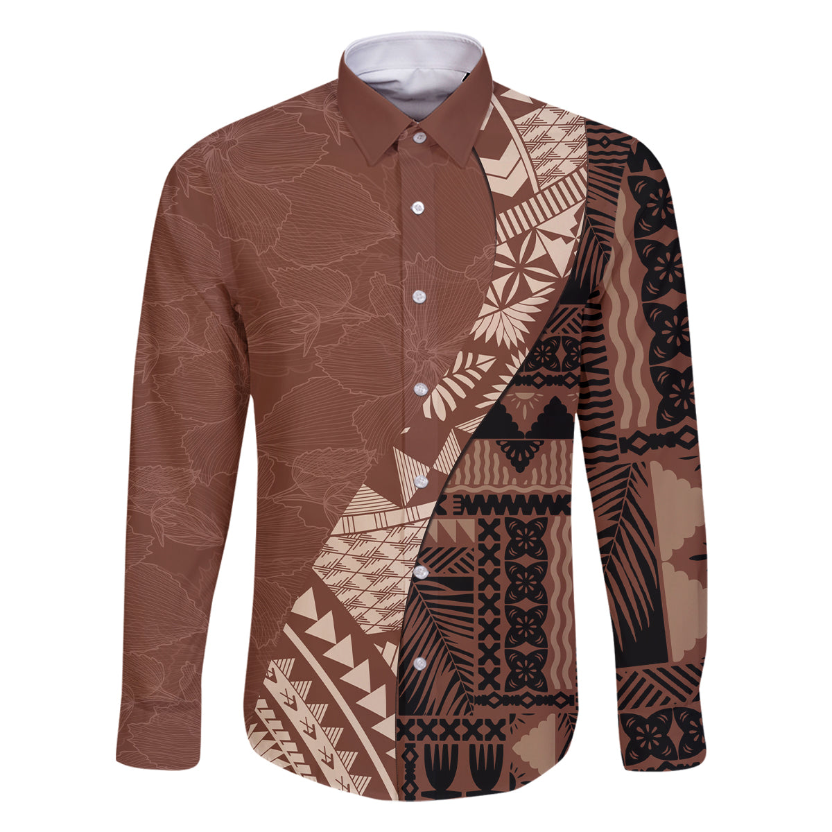 Bula Fiji Family Matching Long Sleeve Bodycon Dress and Hawaiian Shirt Tribal Masi Tapa - Brown LT7 - Wonder Print Shop