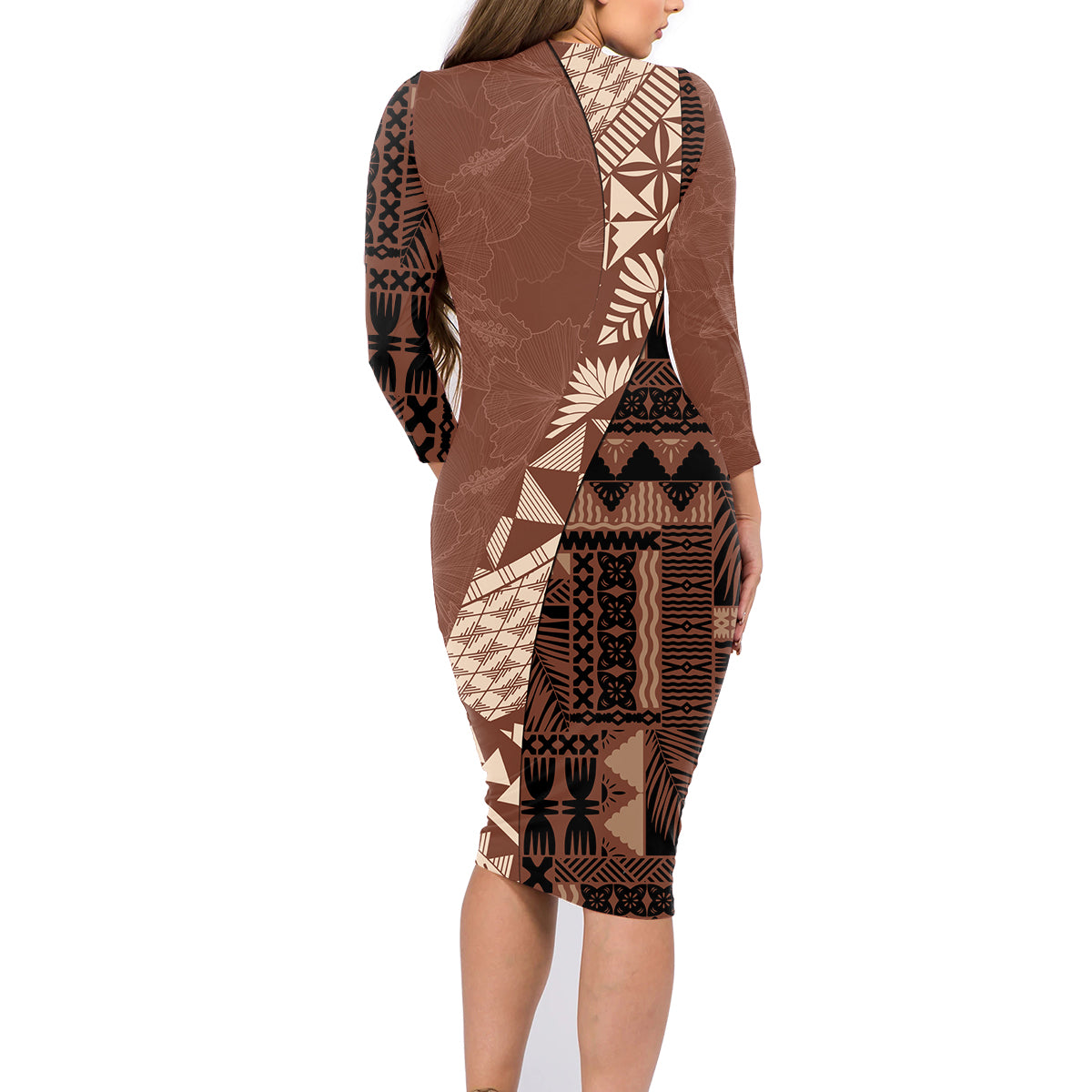 Bula Fiji Family Matching Long Sleeve Bodycon Dress and Hawaiian Shirt Tribal Masi Tapa - Brown LT7 - Wonder Print Shop