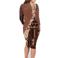 Bula Fiji Family Matching Long Sleeve Bodycon Dress and Hawaiian Shirt Tribal Masi Tapa - Brown LT7 - Wonder Print Shop