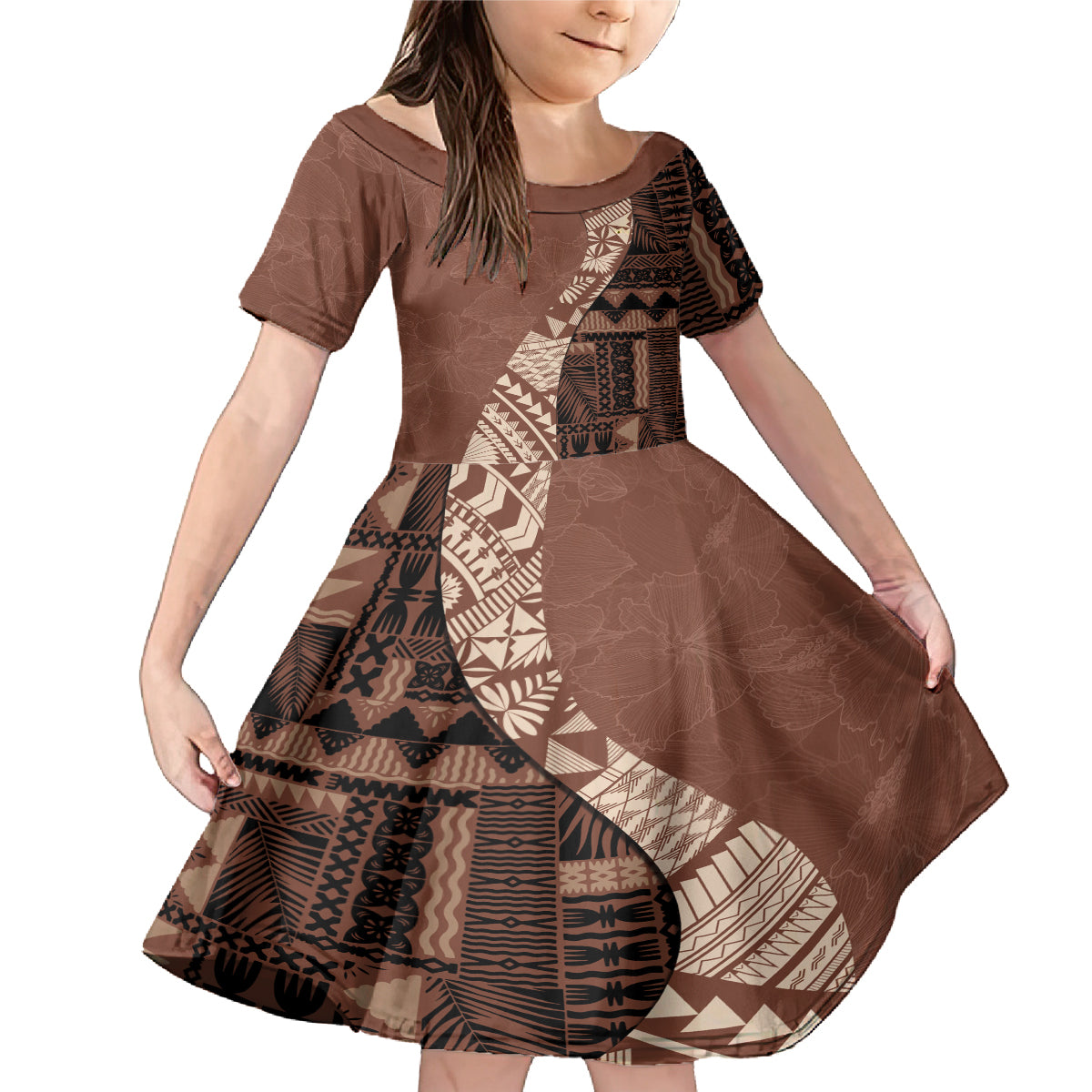 Bula Fiji Family Matching Mermaid Dress and Hawaiian Shirt Tribal Masi Tapa - Brown LT7 - Wonder Print Shop