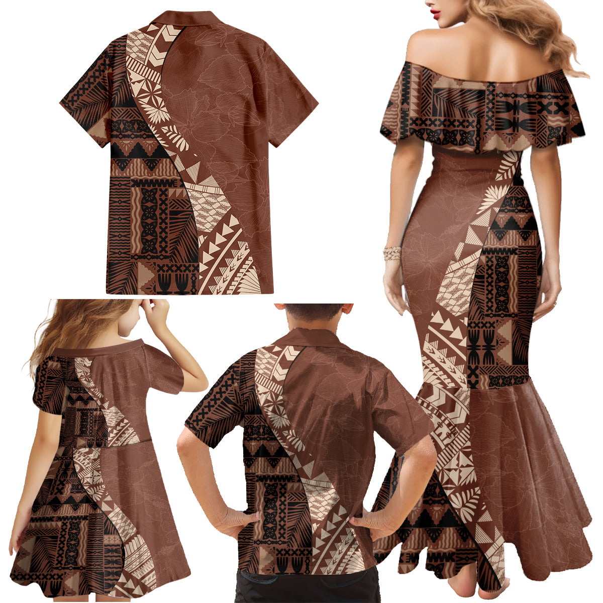 Bula Fiji Family Matching Mermaid Dress and Hawaiian Shirt Tribal Masi Tapa - Brown LT7 - Wonder Print Shop