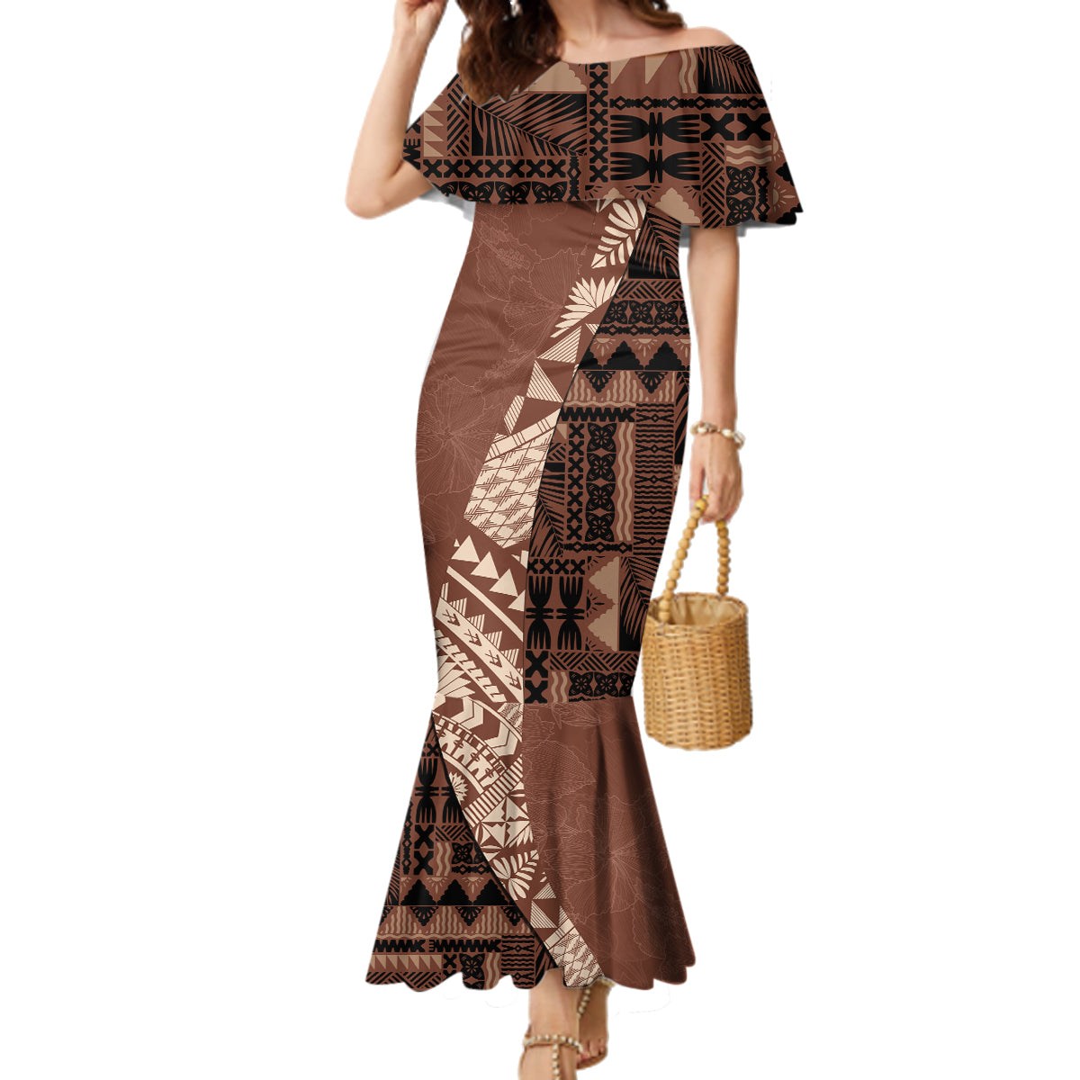 Bula Fiji Family Matching Mermaid Dress and Hawaiian Shirt Tribal Masi Tapa - Brown LT7 - Wonder Print Shop