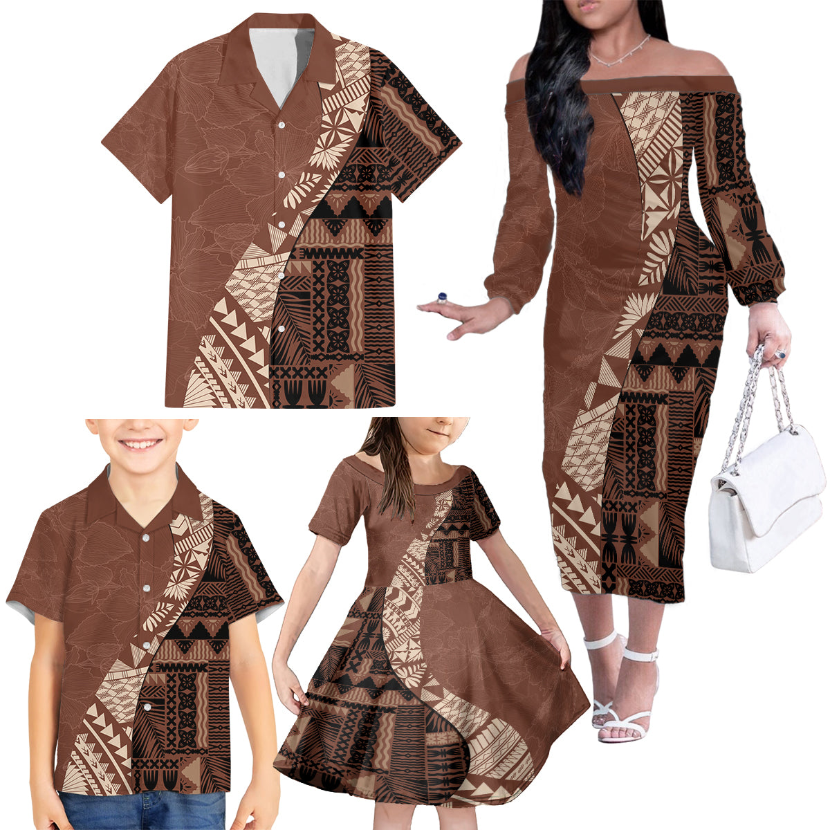 Bula Fiji Family Matching Off Shoulder Long Sleeve Dress and Hawaiian Shirt Tribal Masi Tapa - Brown - Wonder Print Shop