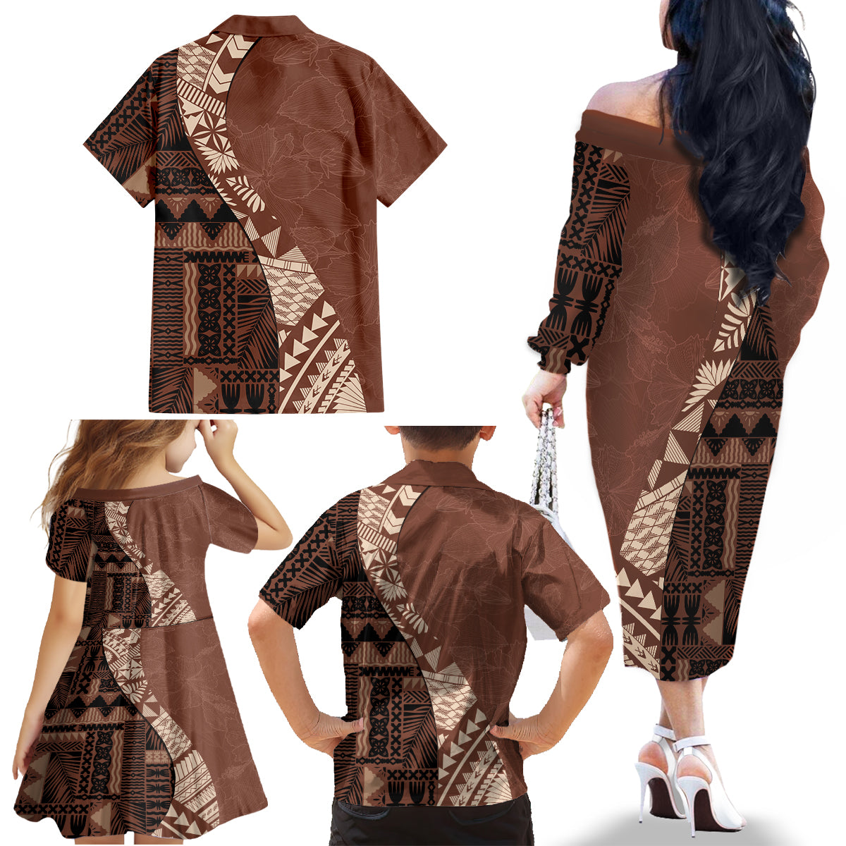 Bula Fiji Family Matching Off Shoulder Long Sleeve Dress and Hawaiian Shirt Tribal Masi Tapa - Brown - Wonder Print Shop