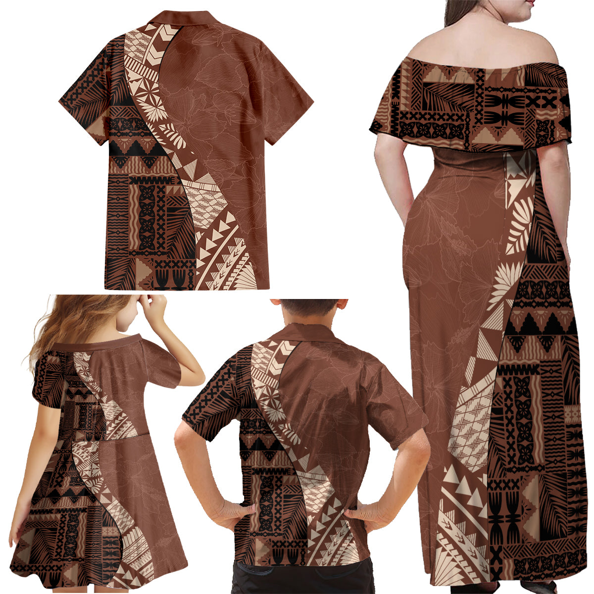 Bula Fiji Family Matching Off Shoulder Maxi Dress and Hawaiian Shirt Tribal Masi Tapa - Brown LT7 - Wonder Print Shop