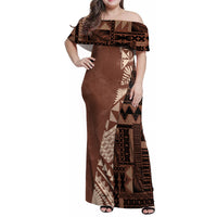 Bula Fiji Family Matching Off Shoulder Maxi Dress and Hawaiian Shirt Tribal Masi Tapa - Brown LT7 - Wonder Print Shop