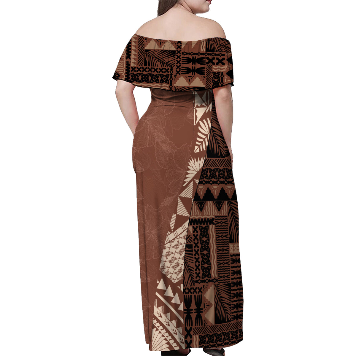 Bula Fiji Family Matching Off Shoulder Maxi Dress and Hawaiian Shirt Tribal Masi Tapa - Brown LT7 - Wonder Print Shop