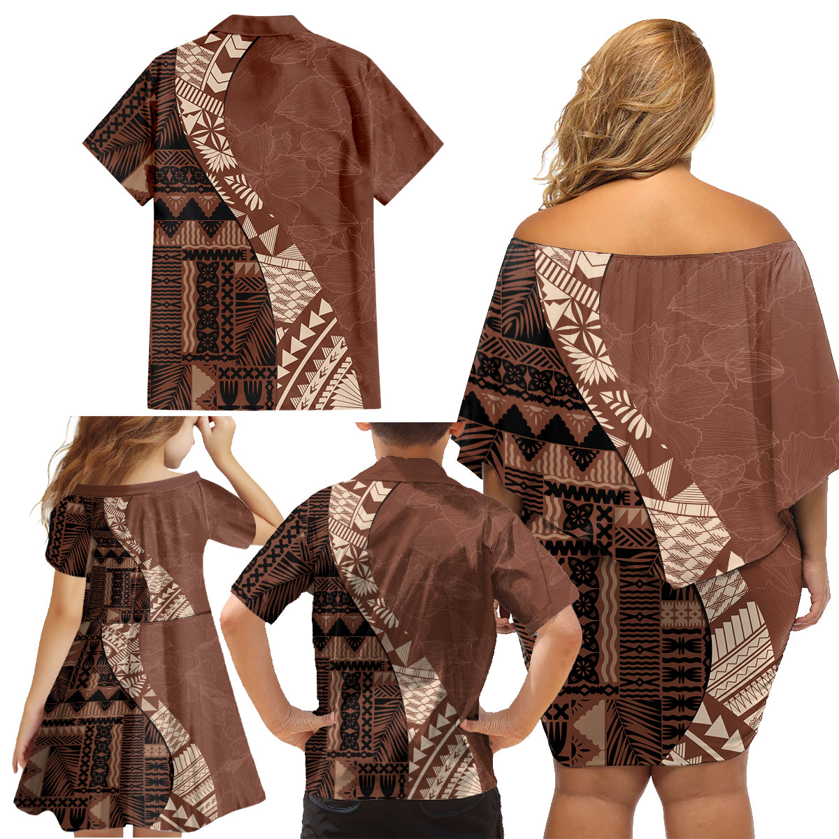 Bula Fiji Family Matching Off Shoulder Short Dress and Hawaiian Shirt Tribal Masi Tapa - Brown LT7 - Wonder Print Shop