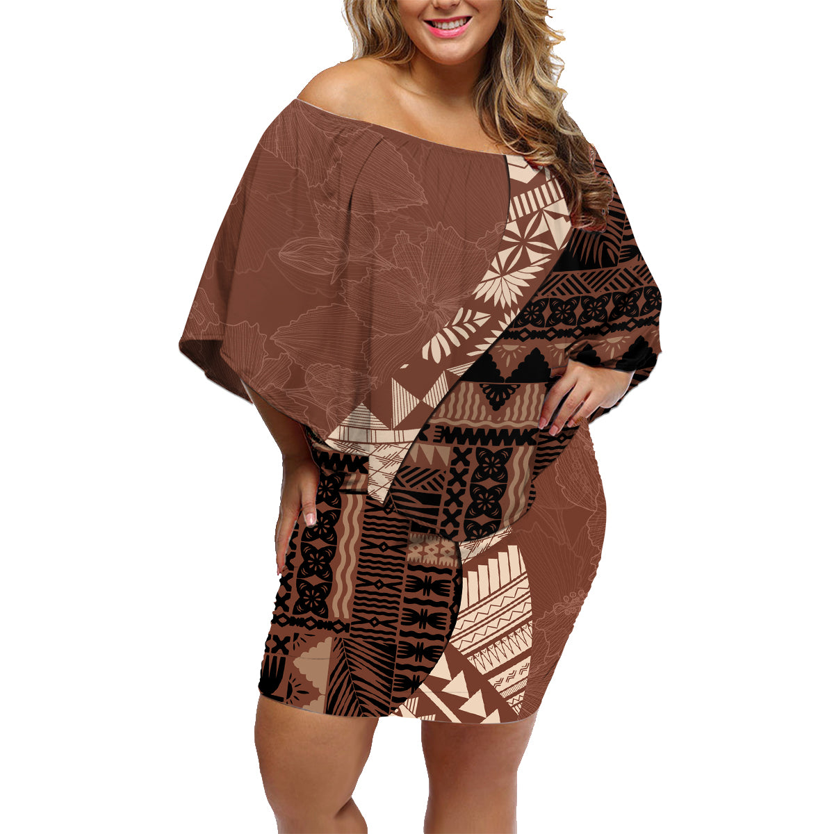 Bula Fiji Family Matching Off Shoulder Short Dress and Hawaiian Shirt Tribal Masi Tapa - Brown LT7 - Wonder Print Shop