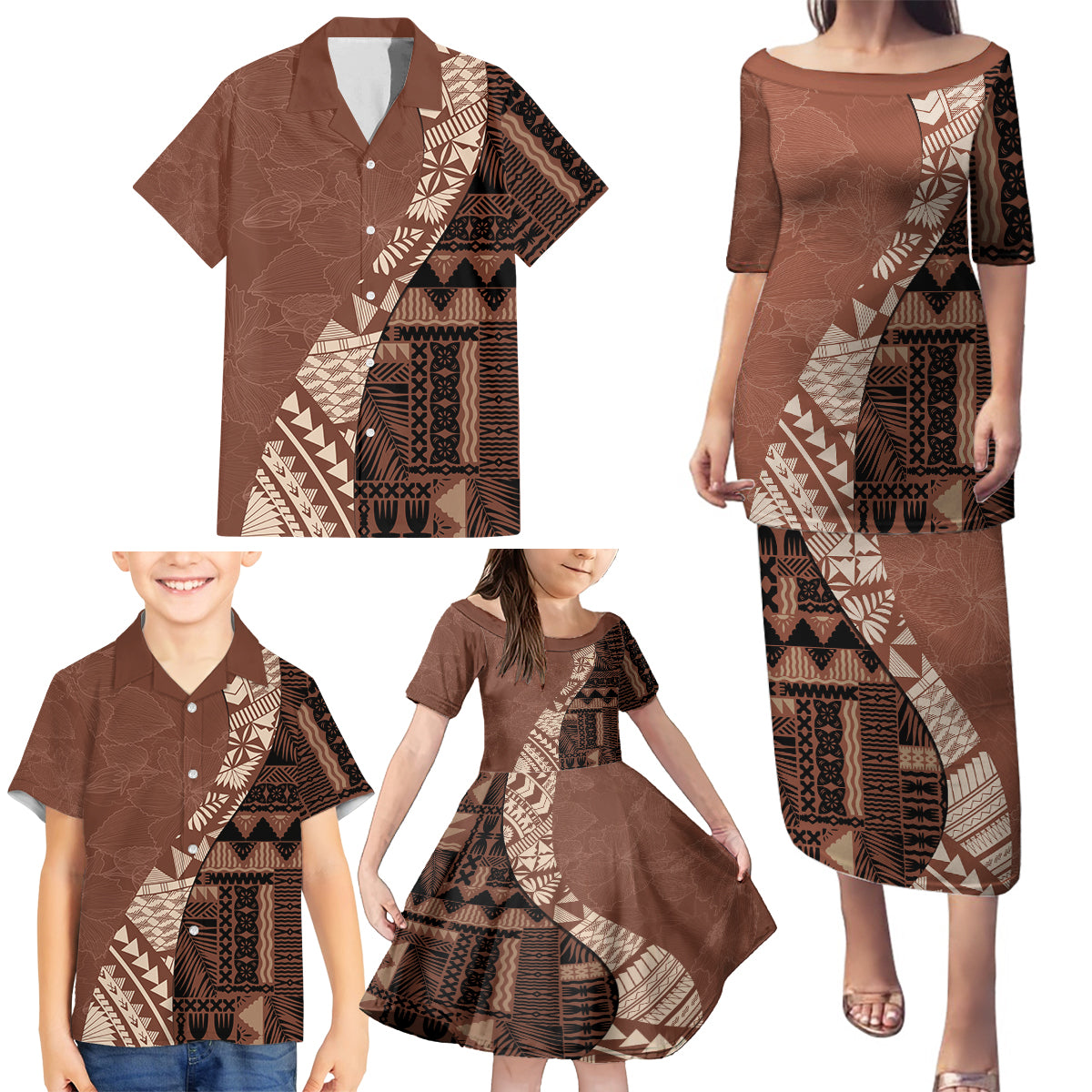 Bula Fiji Family Matching Puletasi Dress and Hawaiian Shirt Tribal Masi Tapa - Brown - Wonder Print Shop