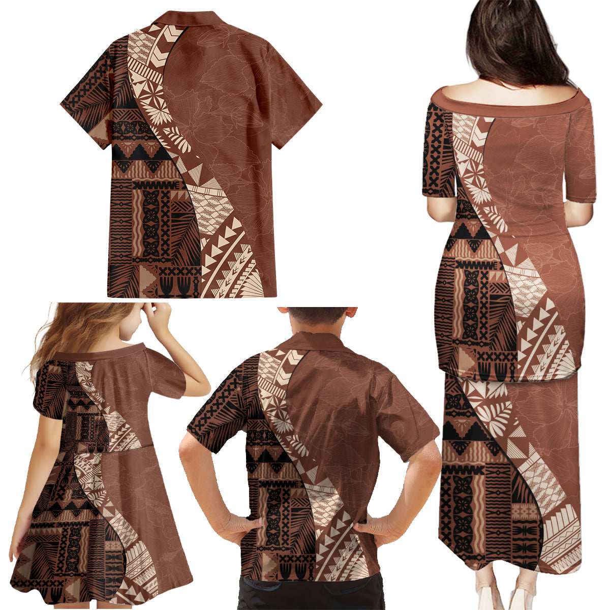 Bula Fiji Family Matching Puletasi Dress and Hawaiian Shirt Tribal Masi Tapa - Brown - Wonder Print Shop
