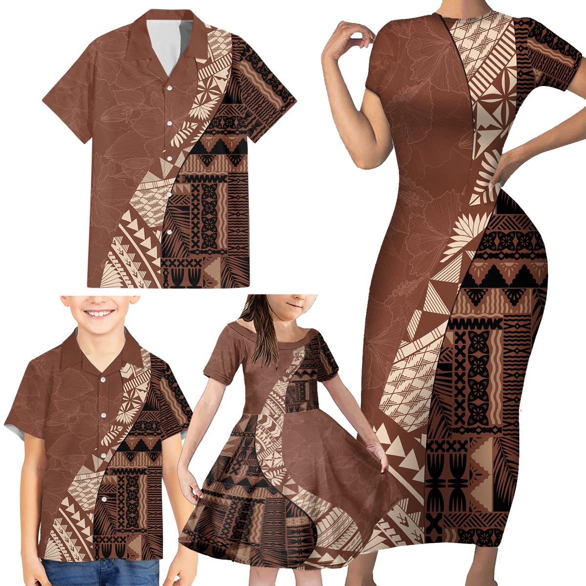 Bula Fiji Family Matching Short Sleeve Bodycon Dress and Hawaiian Shirt Tribal Masi Tapa - Brown - Wonder Print Shop