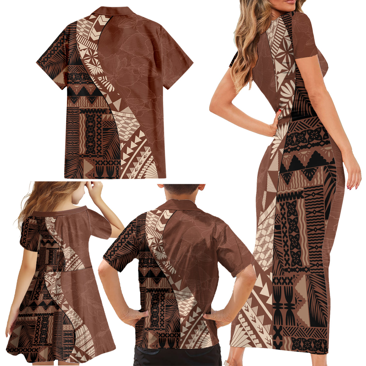 Bula Fiji Family Matching Short Sleeve Bodycon Dress and Hawaiian Shirt Tribal Masi Tapa - Brown - Wonder Print Shop