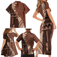 Bula Fiji Family Matching Short Sleeve Bodycon Dress and Hawaiian Shirt Tribal Masi Tapa - Brown - Wonder Print Shop