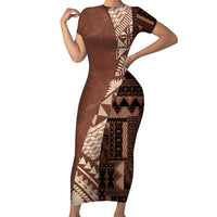 Bula Fiji Family Matching Short Sleeve Bodycon Dress and Hawaiian Shirt Tribal Masi Tapa - Brown - Wonder Print Shop