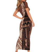 Bula Fiji Family Matching Short Sleeve Bodycon Dress and Hawaiian Shirt Tribal Masi Tapa - Brown - Wonder Print Shop