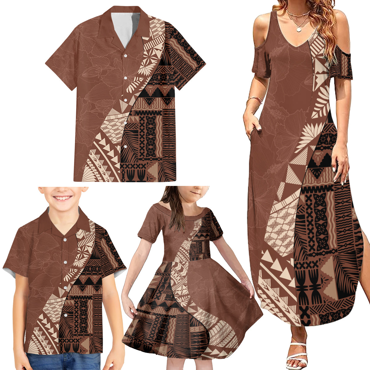Bula Fiji Family Matching Summer Maxi Dress and Hawaiian Shirt Tribal Masi Tapa - Brown - Wonder Print Shop
