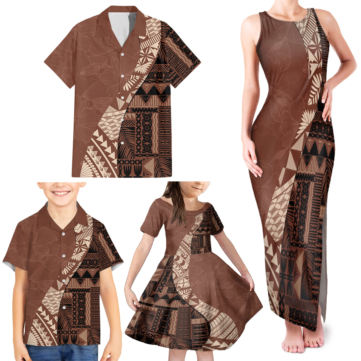 Bula Fiji Family Matching Tank Maxi Dress and Hawaiian Shirt Tribal Masi Tapa - Brown - Wonder Print Shop