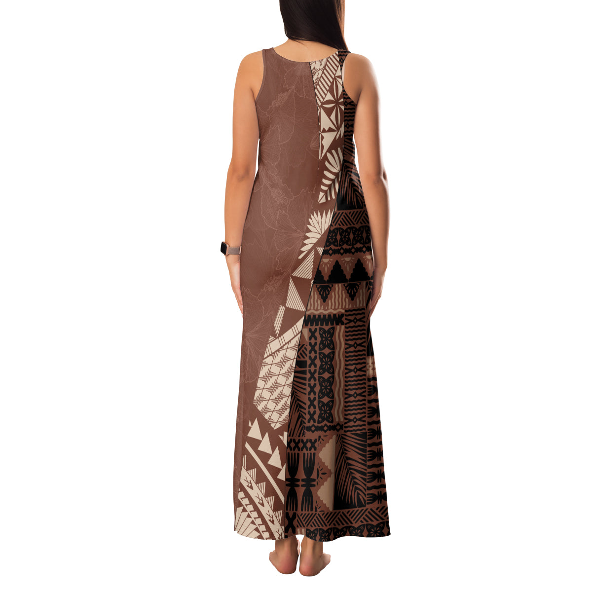 Bula Fiji Family Matching Tank Maxi Dress and Hawaiian Shirt Tribal Masi Tapa - Brown - Wonder Print Shop