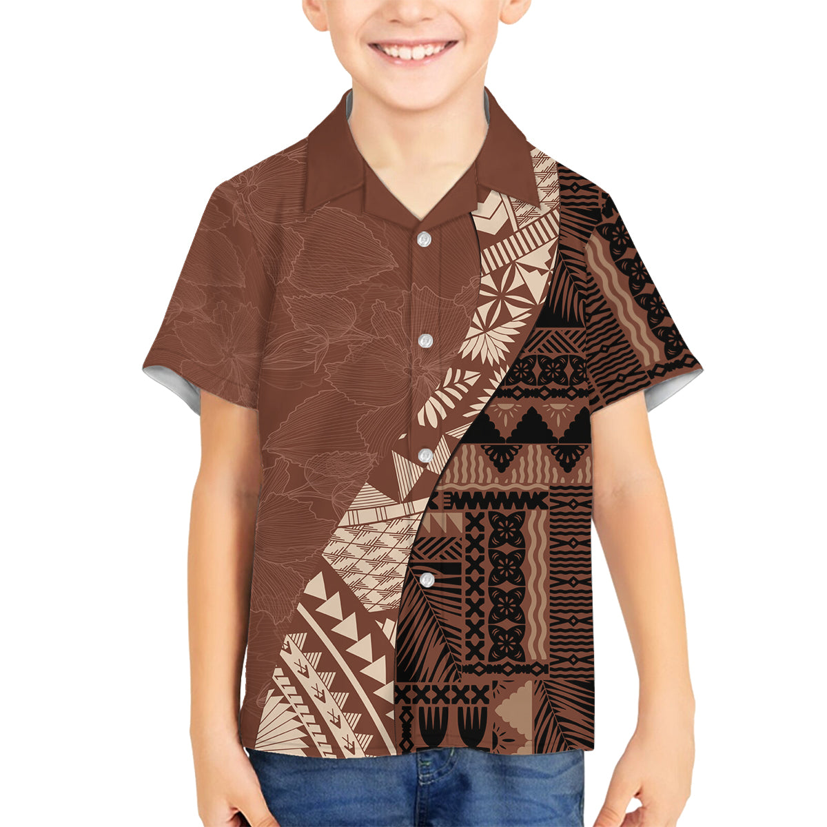 Bula Fiji Family Matching Tank Maxi Dress and Hawaiian Shirt Tribal Masi Tapa - Brown - Wonder Print Shop