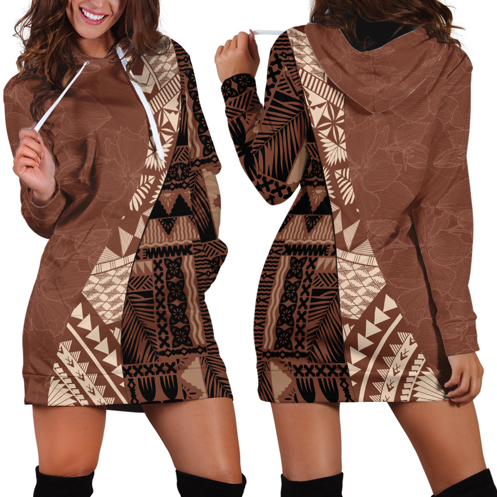 Bula Fiji Hoodie Dress Tribal Masi Tapa - Brown - Wonder Print Shop