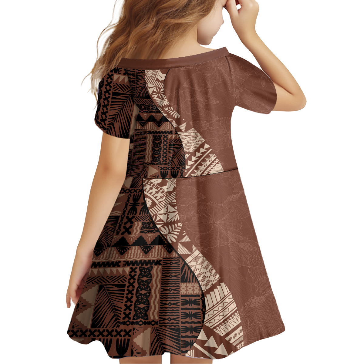 Bula Fiji Kid Short Sleeve Dress Tribal Masi Tapa - Brown - Wonder Print Shop