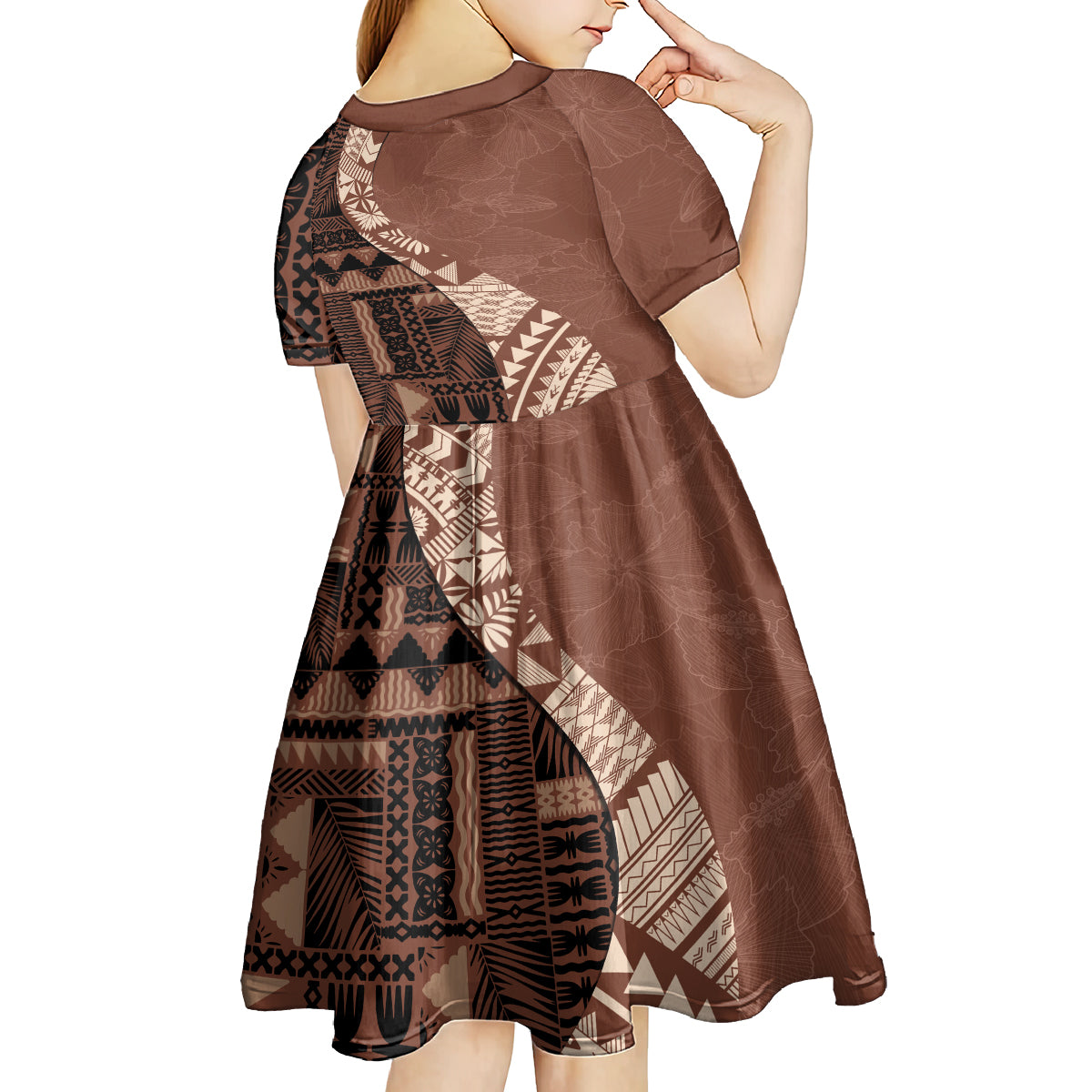 Bula Fiji Kid Short Sleeve Dress Tribal Masi Tapa - Brown - Wonder Print Shop