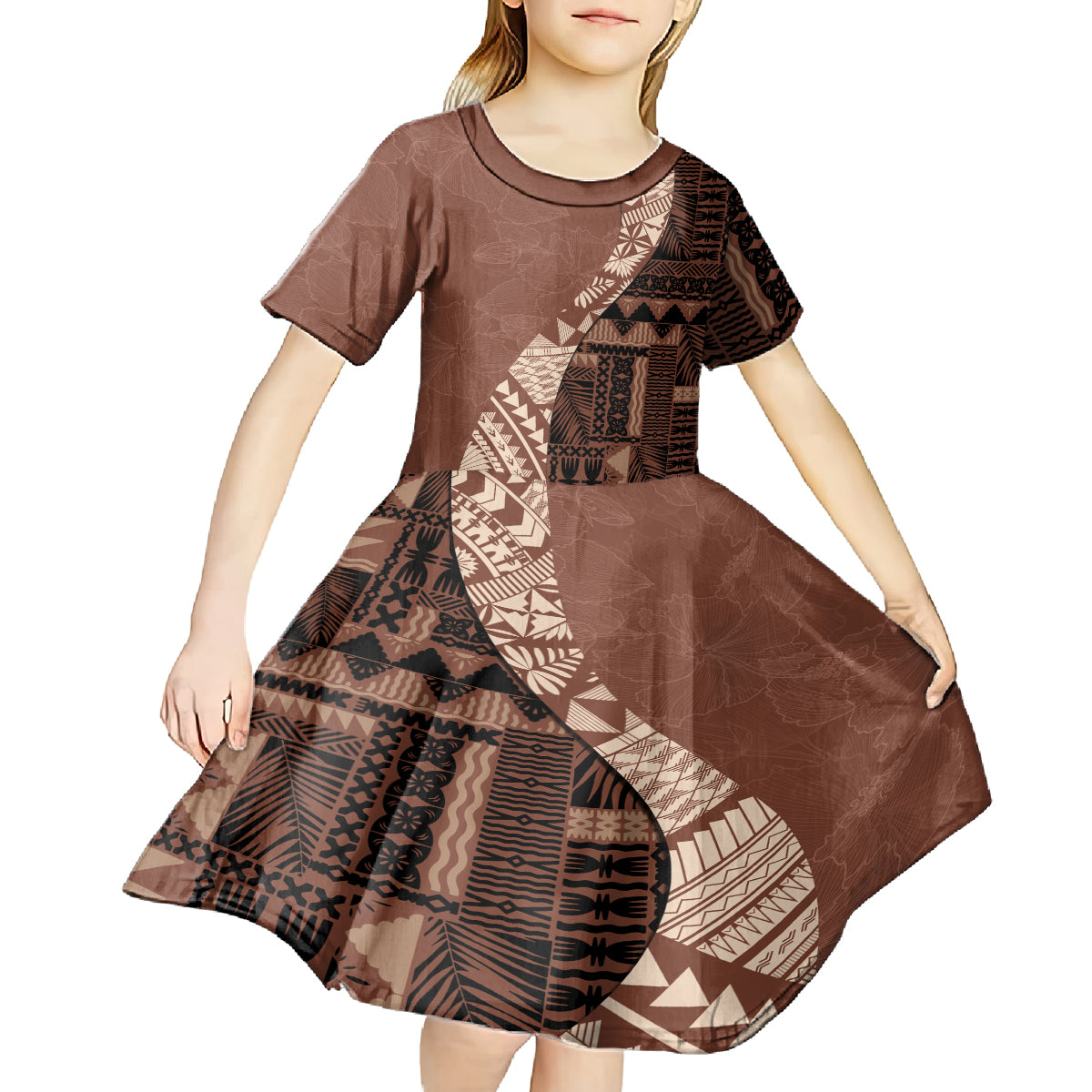 Bula Fiji Kid Short Sleeve Dress Tribal Masi Tapa - Brown - Wonder Print Shop